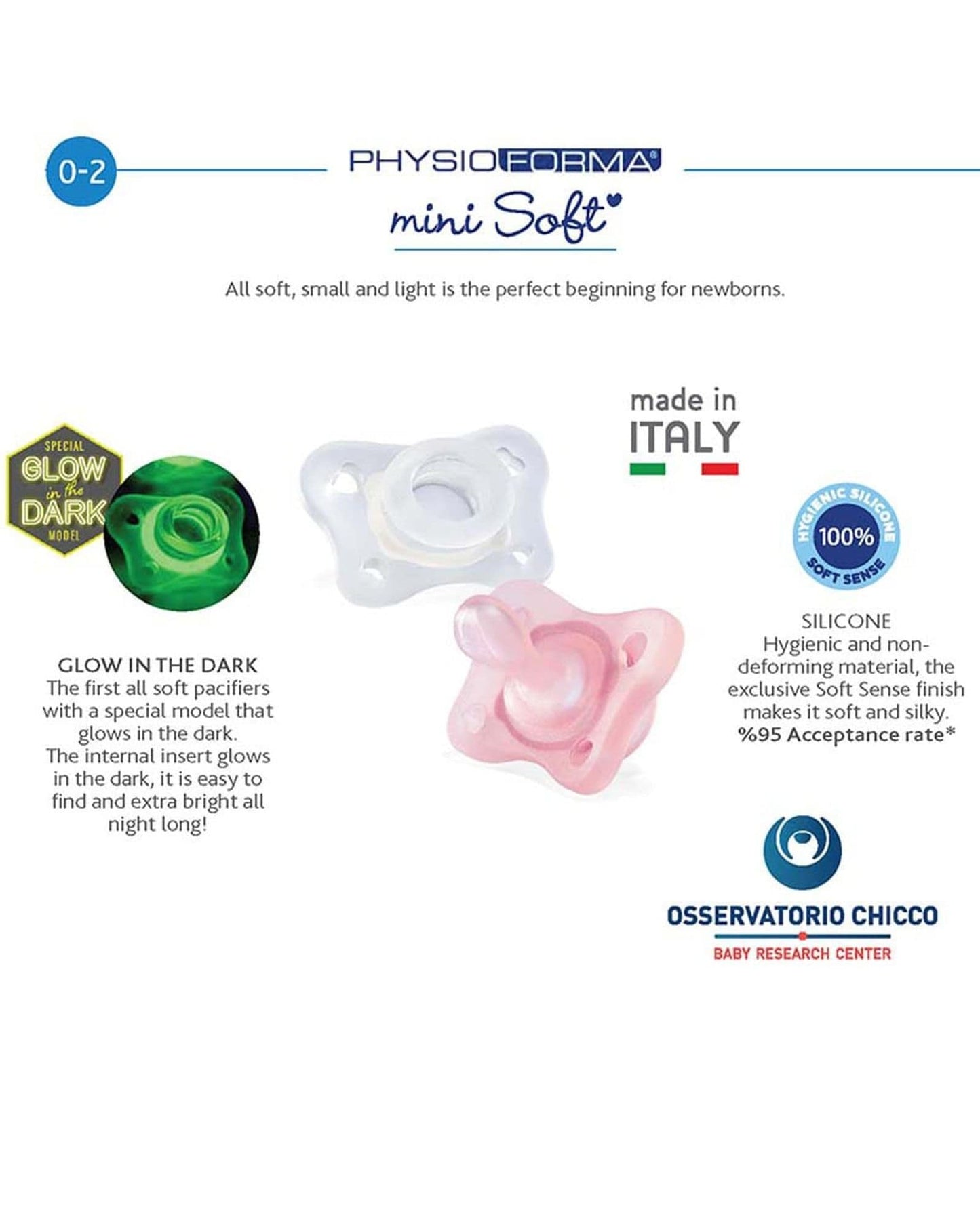 CHICCO PHYSIOFORMA¿ MINI SOFT SILICONE SOOTHER 0-2M 2PCS  PINK