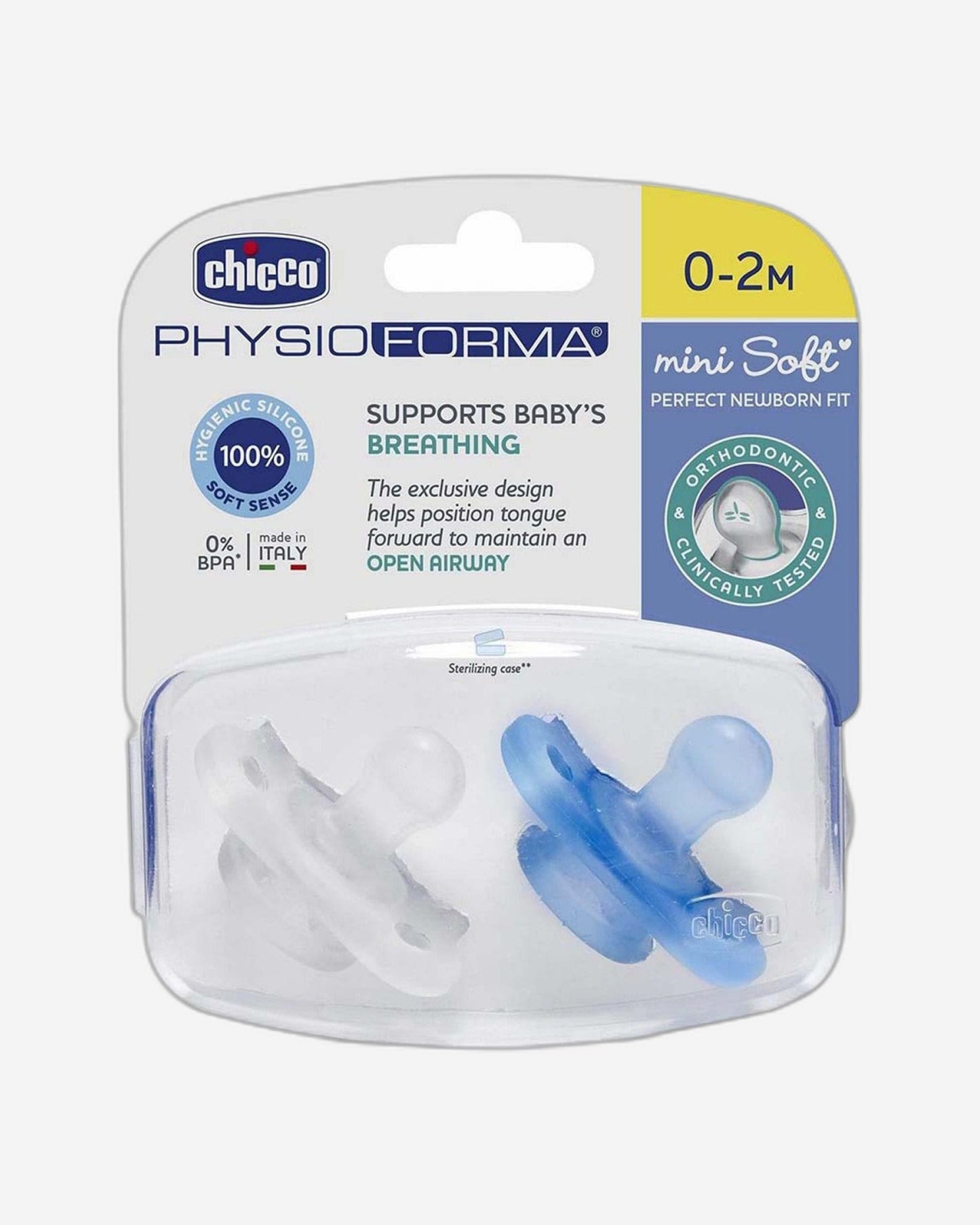 CHICCO PHYSIOFORMA¿ MINI SOFT SILICONE SOOTHER 0-2M 2PCS  BLUE