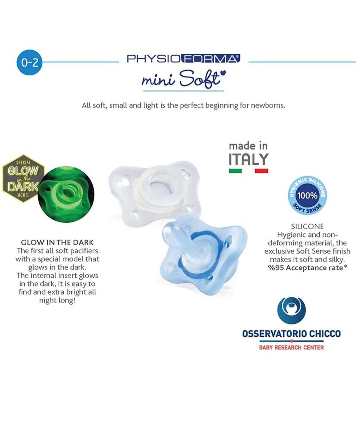 CHICCO PHYSIOFORMA¿ MINI SOFT SILICONE SOOTHER 0-2M 2PCS  BLUE