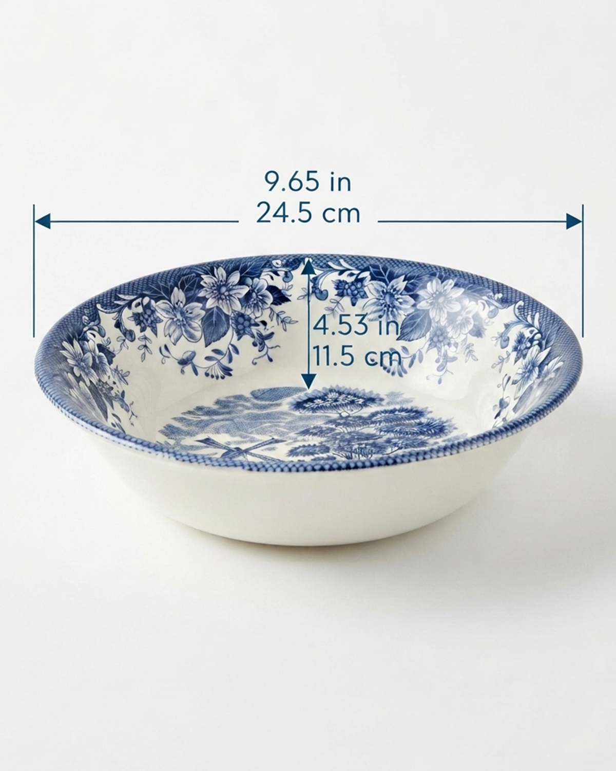 Claytan Classic Blue Windmill & Floral Pattern Earthenware Salad Bowl, 9.3 Inch, White