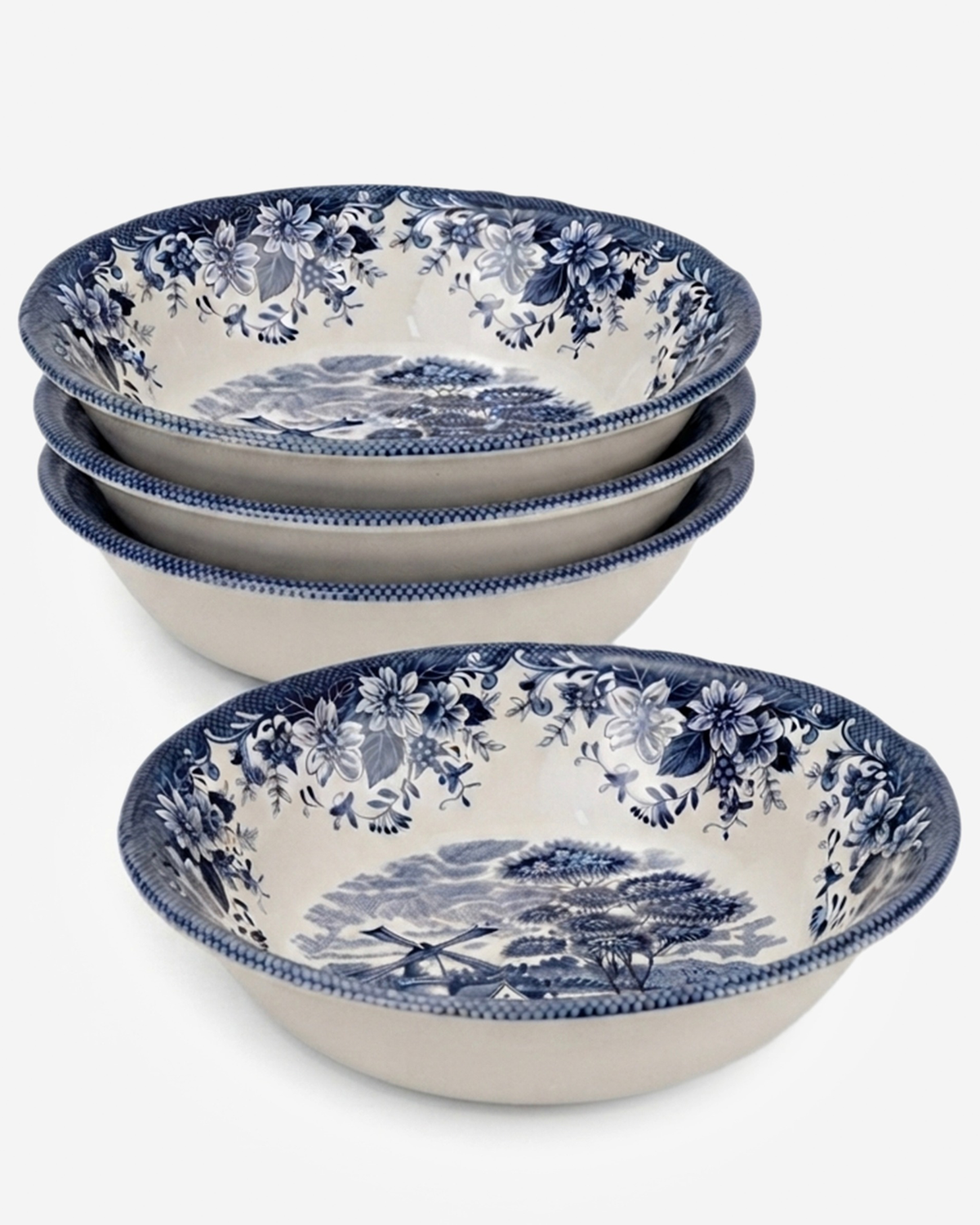 Claytan Classic Blue Windmill & Floral Pattern Earthenware Salad Bowl, 9.3 Inch, White, Set of 4
