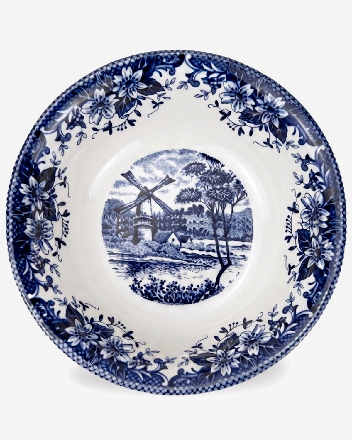 Claytan Classic Blue Windmill & Floral Pattern Earthenware Cereal Bowl, 6.2 Inch, White