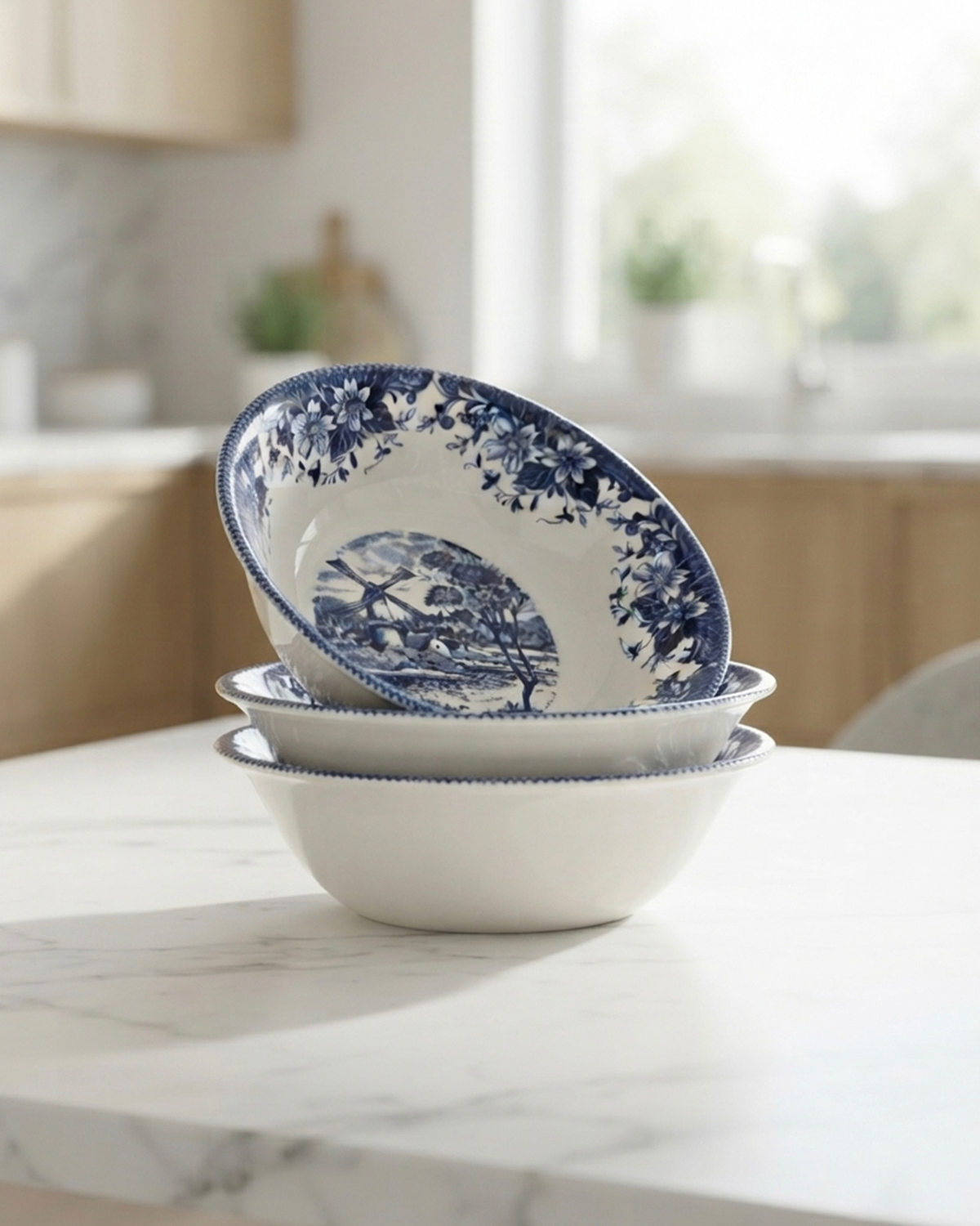 Claytan Classic Blue Windmill & Floral Pattern Earthenware Cereal Bowl, 6.2 Inch, White
