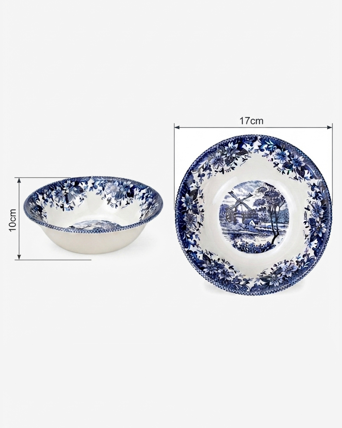 Claytan Classic Blue Windmill & Floral Pattern Earthenware Cereal Bowl, 6.2 Inch, White