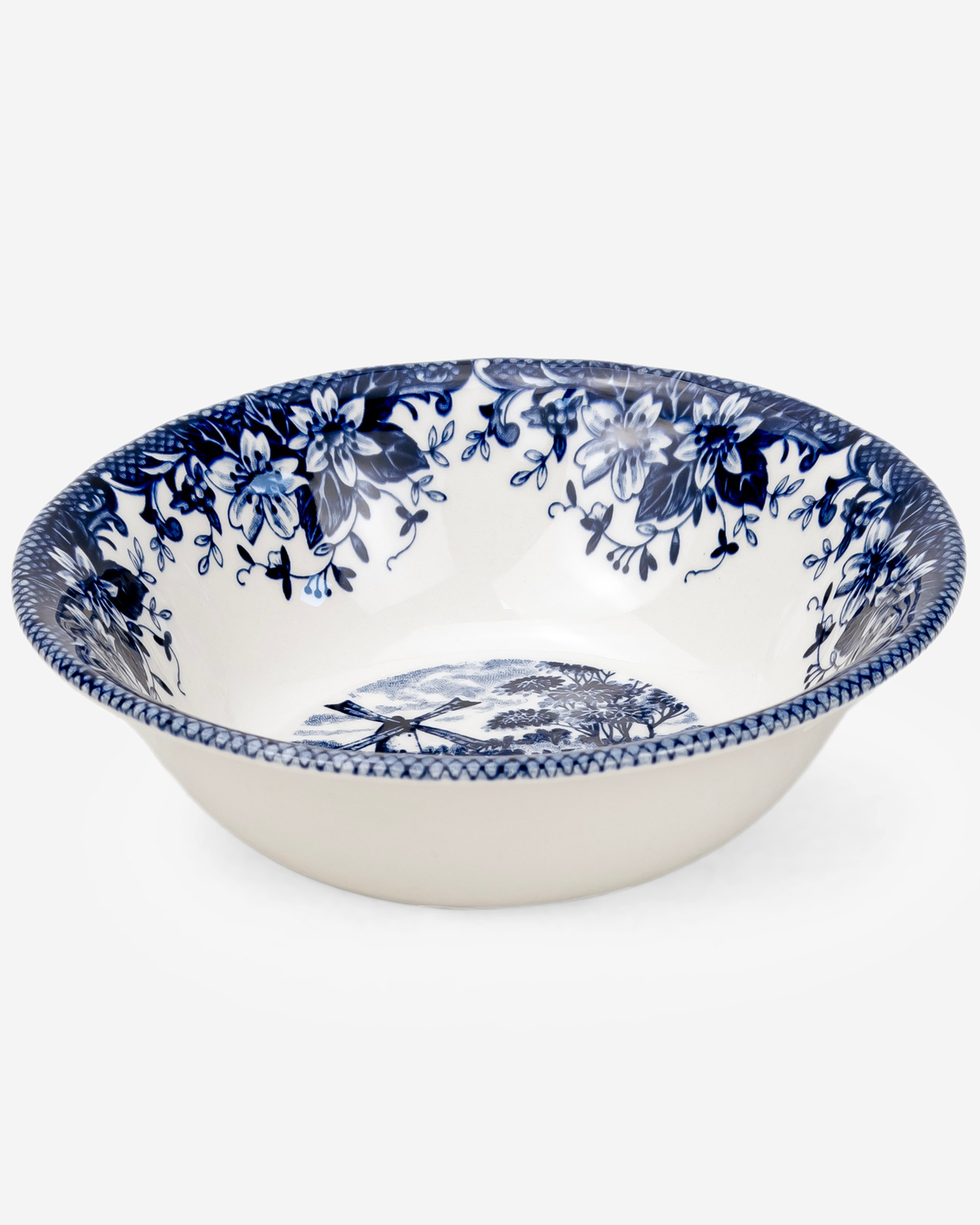 Claytan Classic Blue Windmill & Floral Pattern Earthenware Cereal Bowl, 6.2 Inch, White