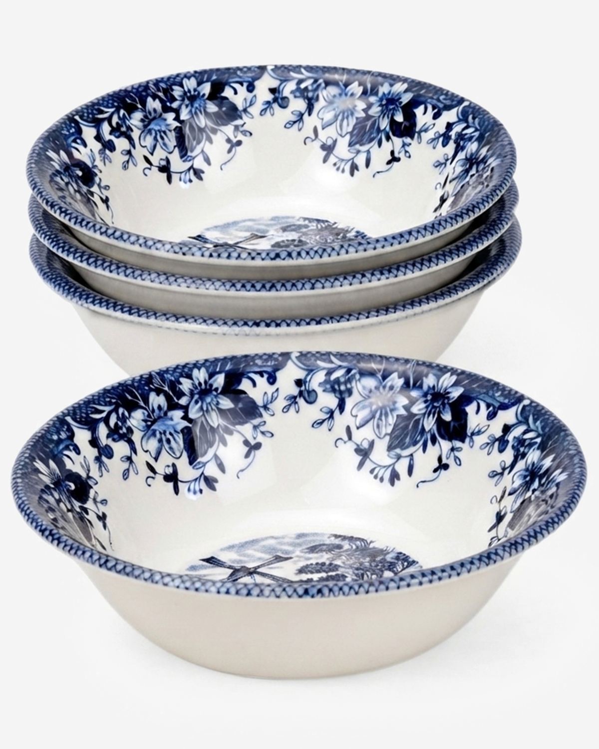 Claytan Classic Blue Windmill & Floral Pattern Earthenware Cereal Bowl, 6.2 Inch, White, Set of 4
