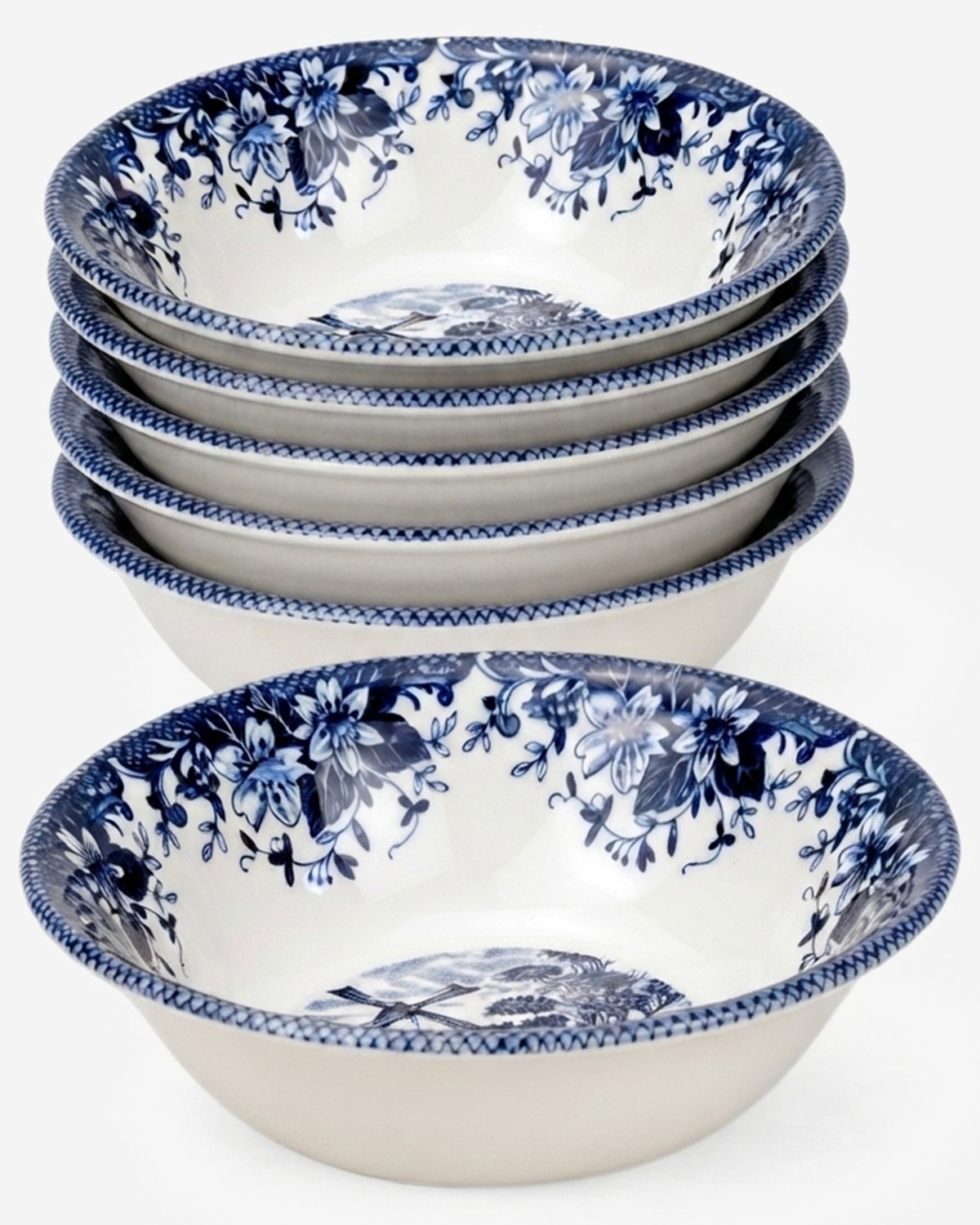 Claytan Classic Blue Windmill & Floral Pattern Earthenware Cereal Bowl, 6.2 Inch, White, Set of 6