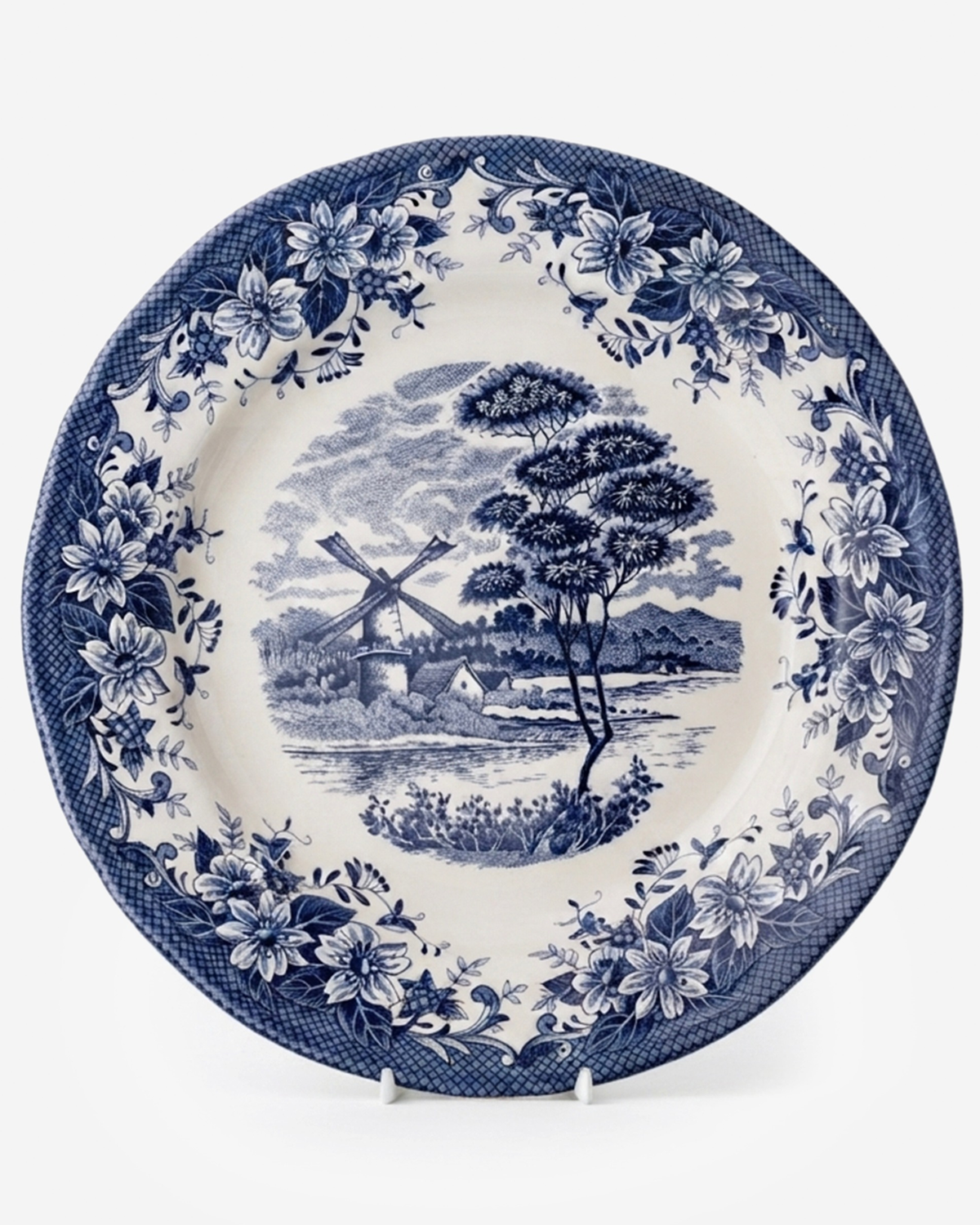 Claytan Classic Blue Windmill & Floral Pattern Earthenware Chop Plate, 12.1 Inch, White