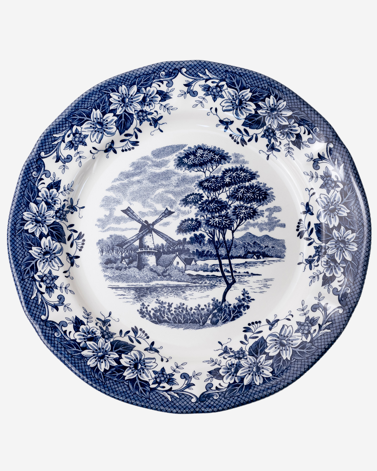 Claytan Classic Blue Windmill & Floral Pattern Earthenware Chop Plate, 12.1 Inch, White