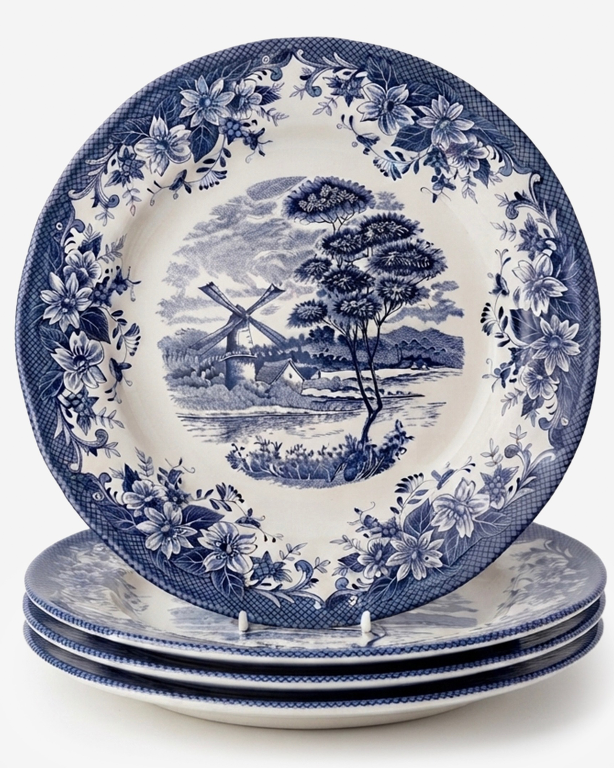Claytan Classic Blue Windmill & Floral Pattern Earthenware Chop Plate, 12.1 Inch, White, Set of 4