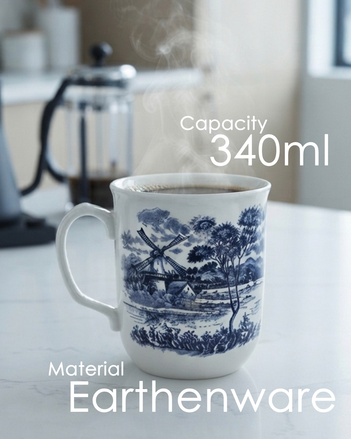 Claytan Classic Blue Windmill Pattern Earthenware Mug, 340ml, White