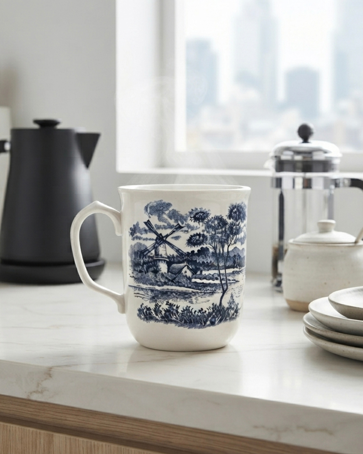 Claytan Classic Blue Windmill Pattern Earthenware Mug, 340ml, White