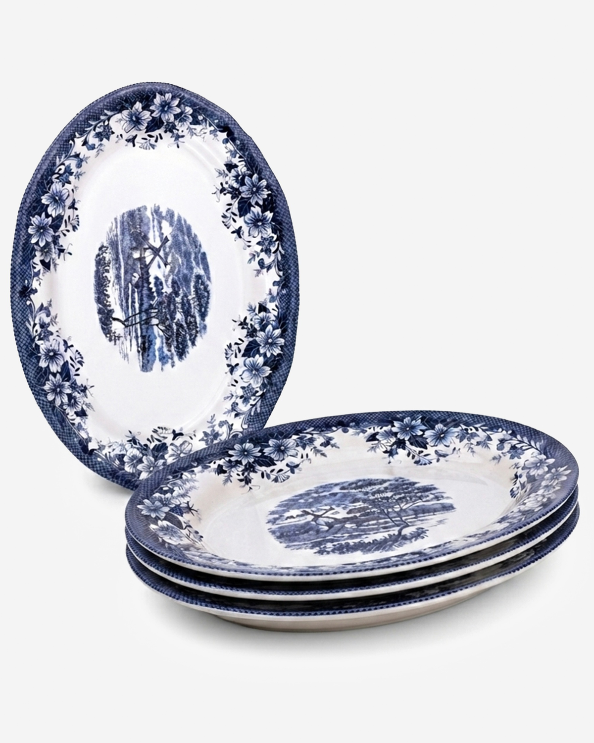 Claytan Classic Blue Windmill & Floral Pattern Earthenware Oval Platter, 14 Inch, White, Set of 4