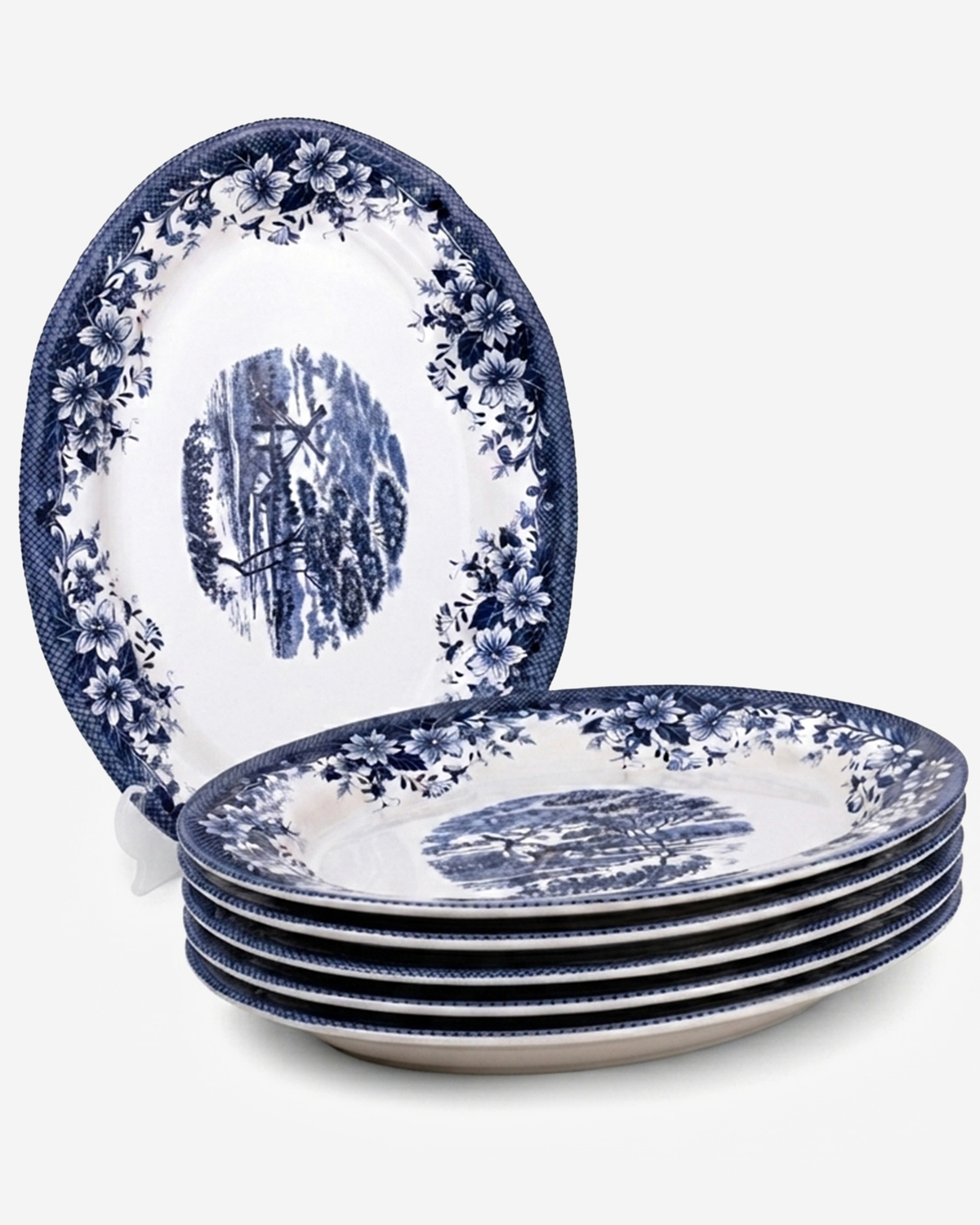 Claytan Classic Blue Windmill & Floral Pattern Earthenware Oval Platter, 14 Inch, White, Set of 6