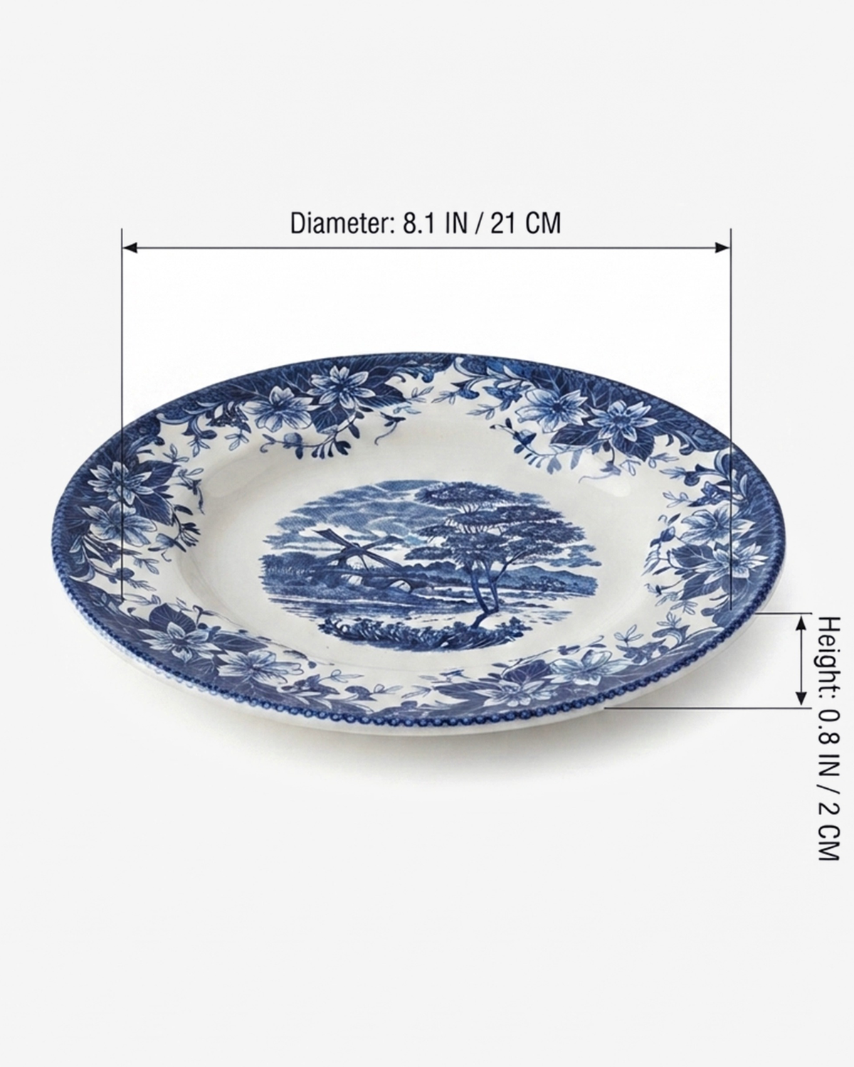 Claytan Classic Blue Windmill & Floral Pattern Earthenware Salad Plate, 8.1 Inch, White
