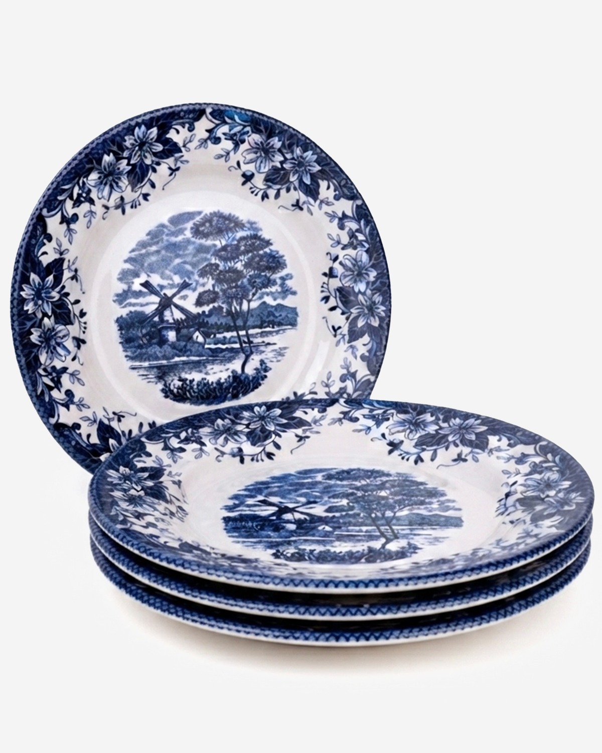 Claytan Classic Blue Windmill & Floral Pattern Earthenware Salad Plate, 8.1 Inch, White, Set of 4