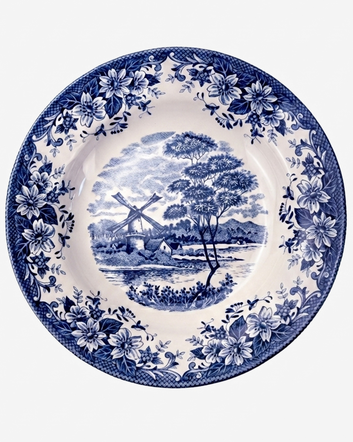 Claytan Classic Blue Windmill & Floral Pattern Earthenware Soup & Pasta Plate, 9.2 Inch, White