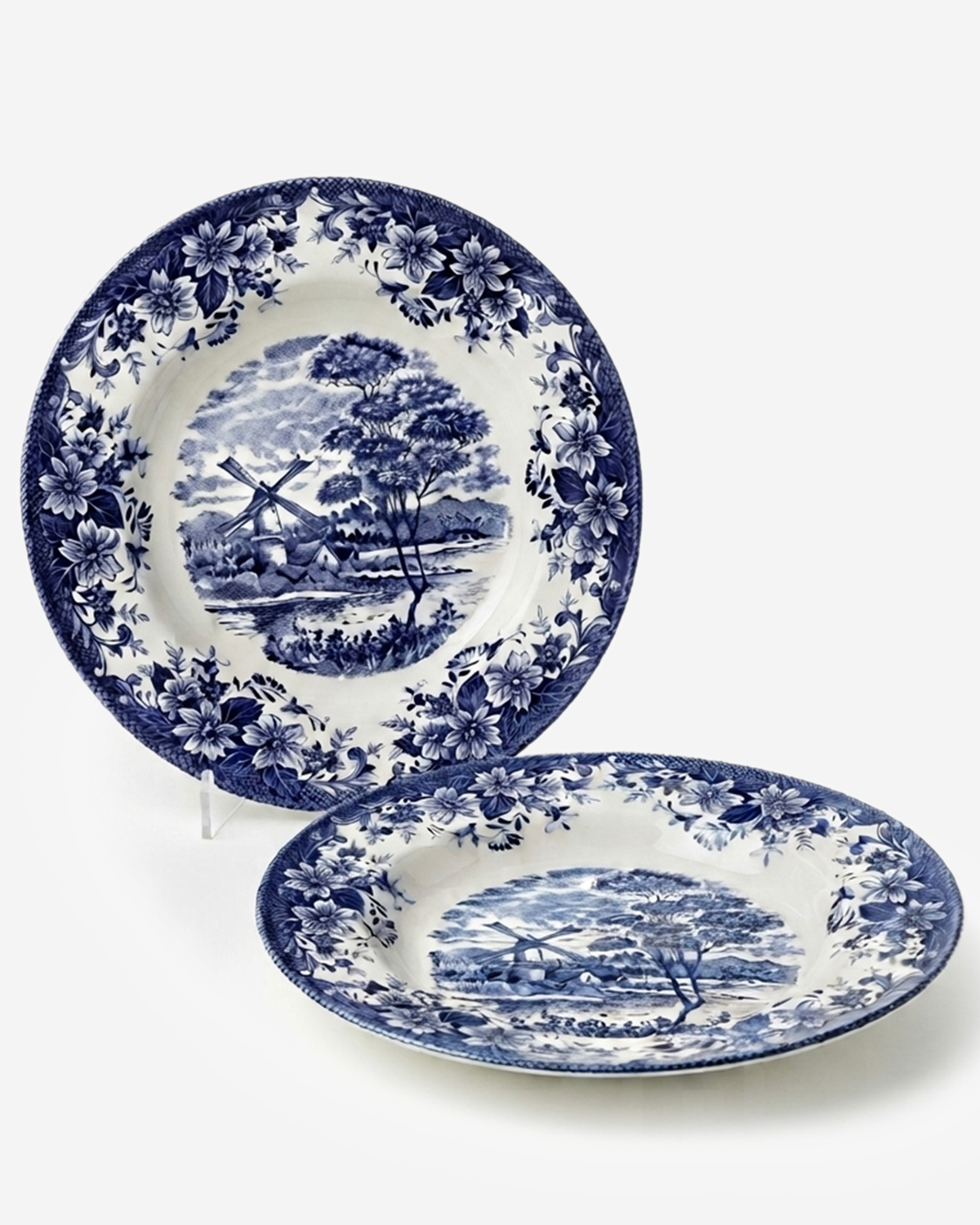 Claytan Classic Blue Windmill & Floral Pattern Earthenware Soup & Pasta Plate, 9.2 Inch, White