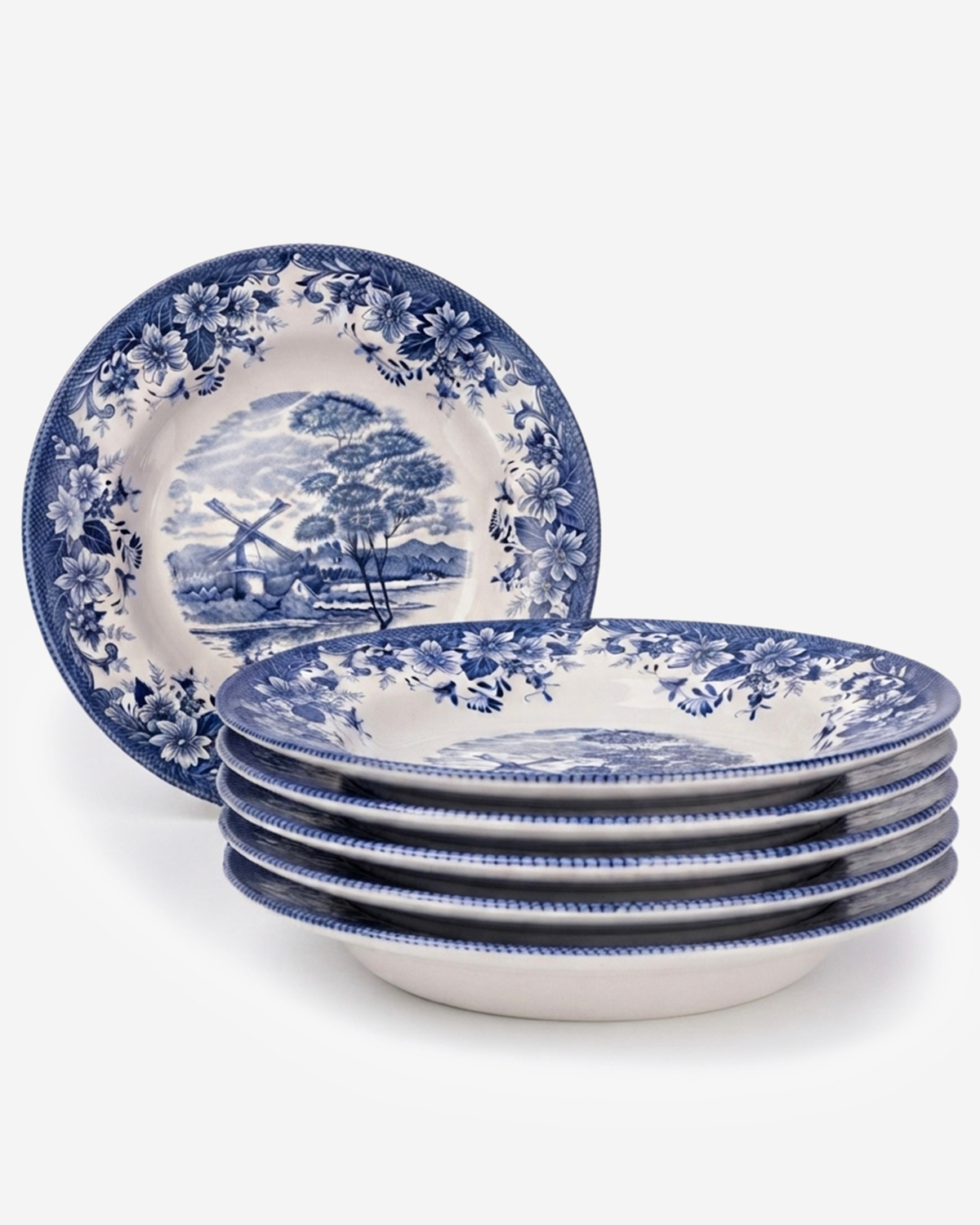 Claytan Classic Blue Windmill & Floral Pattern Earthenware Soup & Pasta Plate, 9.2 Inch, White