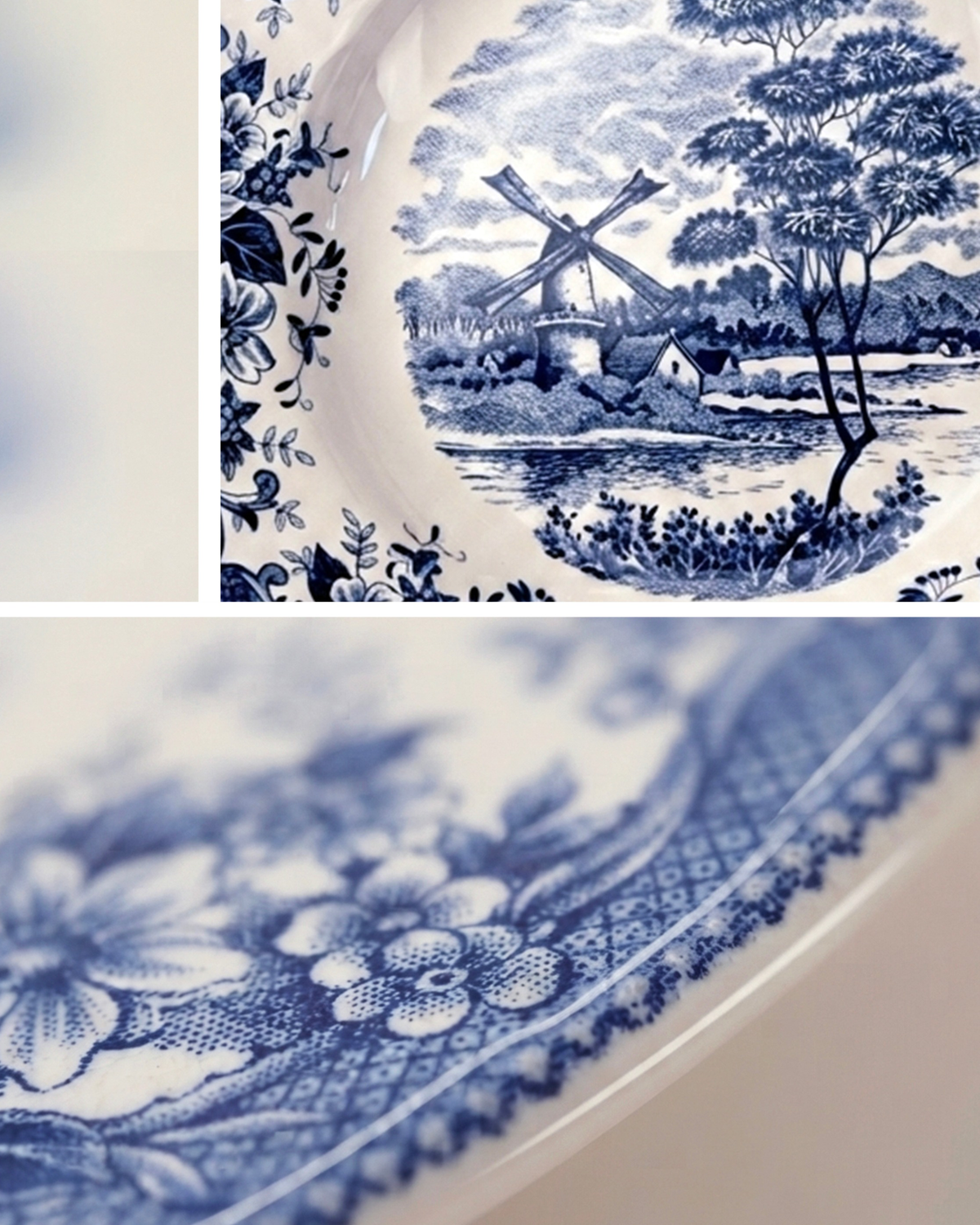 Claytan Classic Blue Windmill & Floral Pattern Earthenware Soup & Pasta Plate, 9.2 Inch, White
