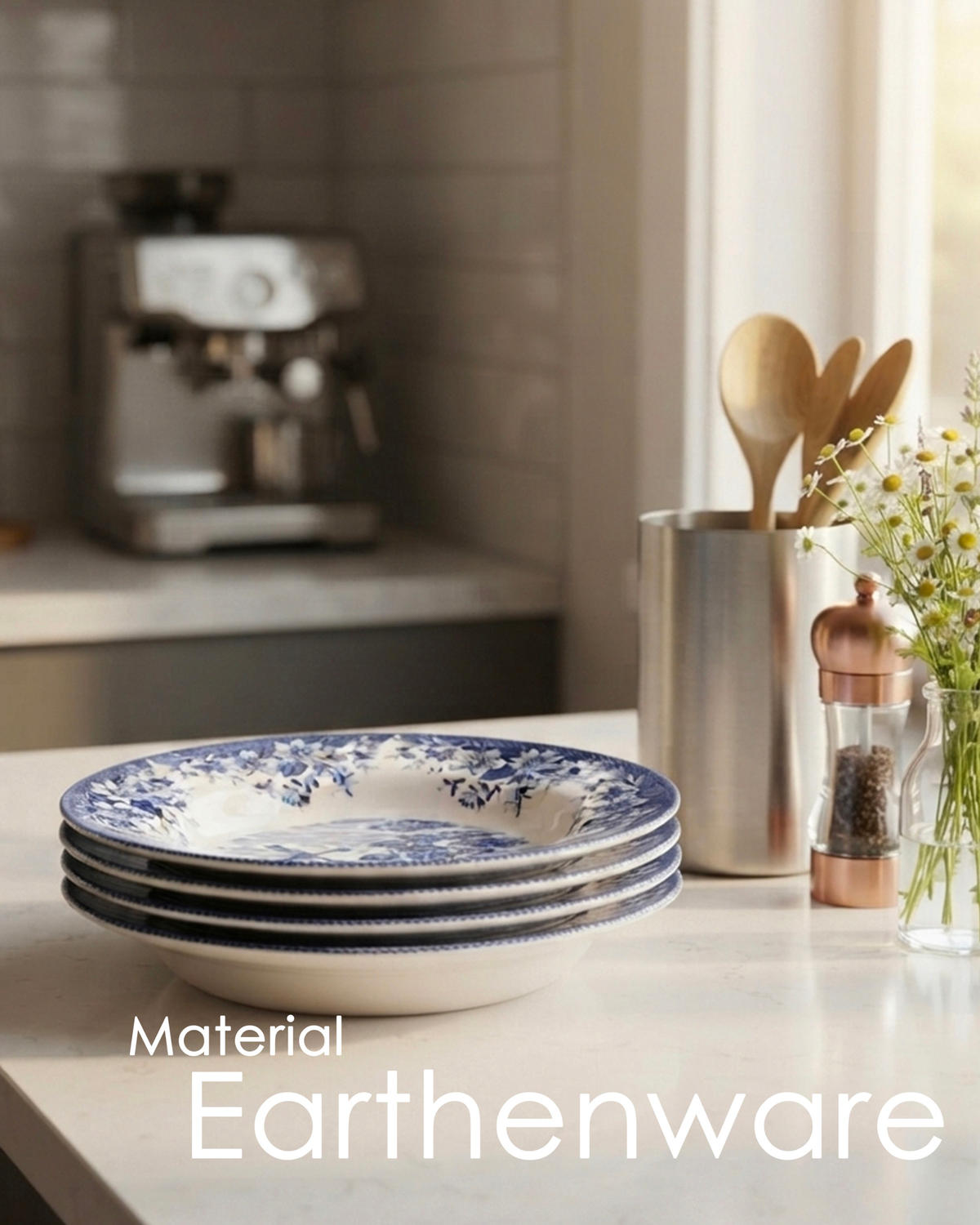 Claytan Classic Blue Windmill & Floral Pattern Earthenware Soup & Pasta Plate, 9.2 Inch, White