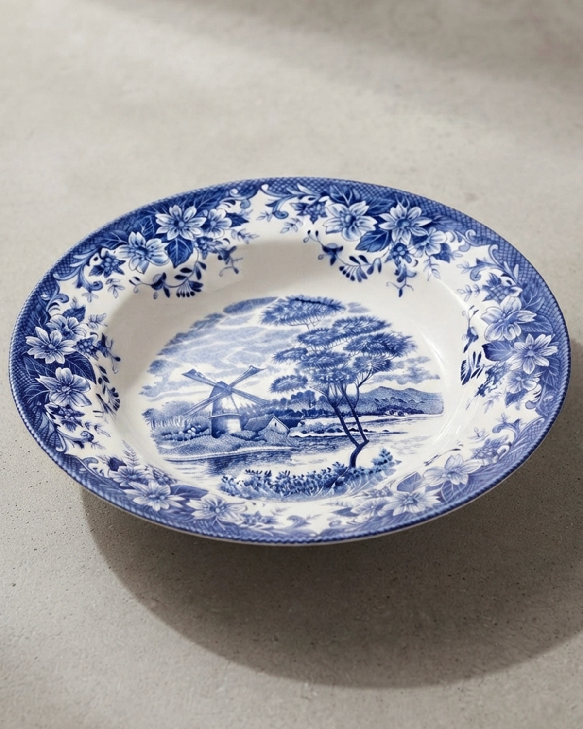 Claytan Classic Blue Windmill & Floral Pattern Earthenware Soup & Pasta Plate, 9.2 Inch, White