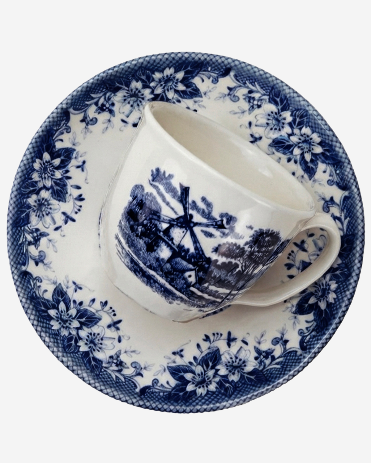 Claytan Classic Windmill Pattern Blue Earthenware Espresso Cup & Saucer Set, 90ml, White