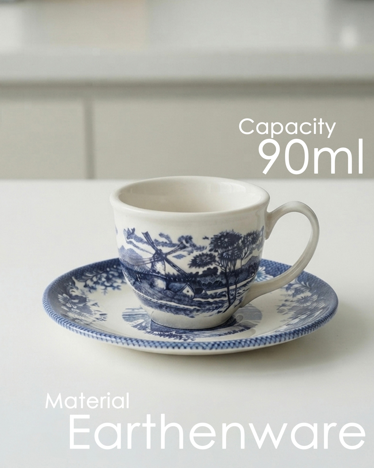 Claytan Classic Windmill Pattern Blue Earthenware Espresso Cup & Saucer Set, 90ml, White