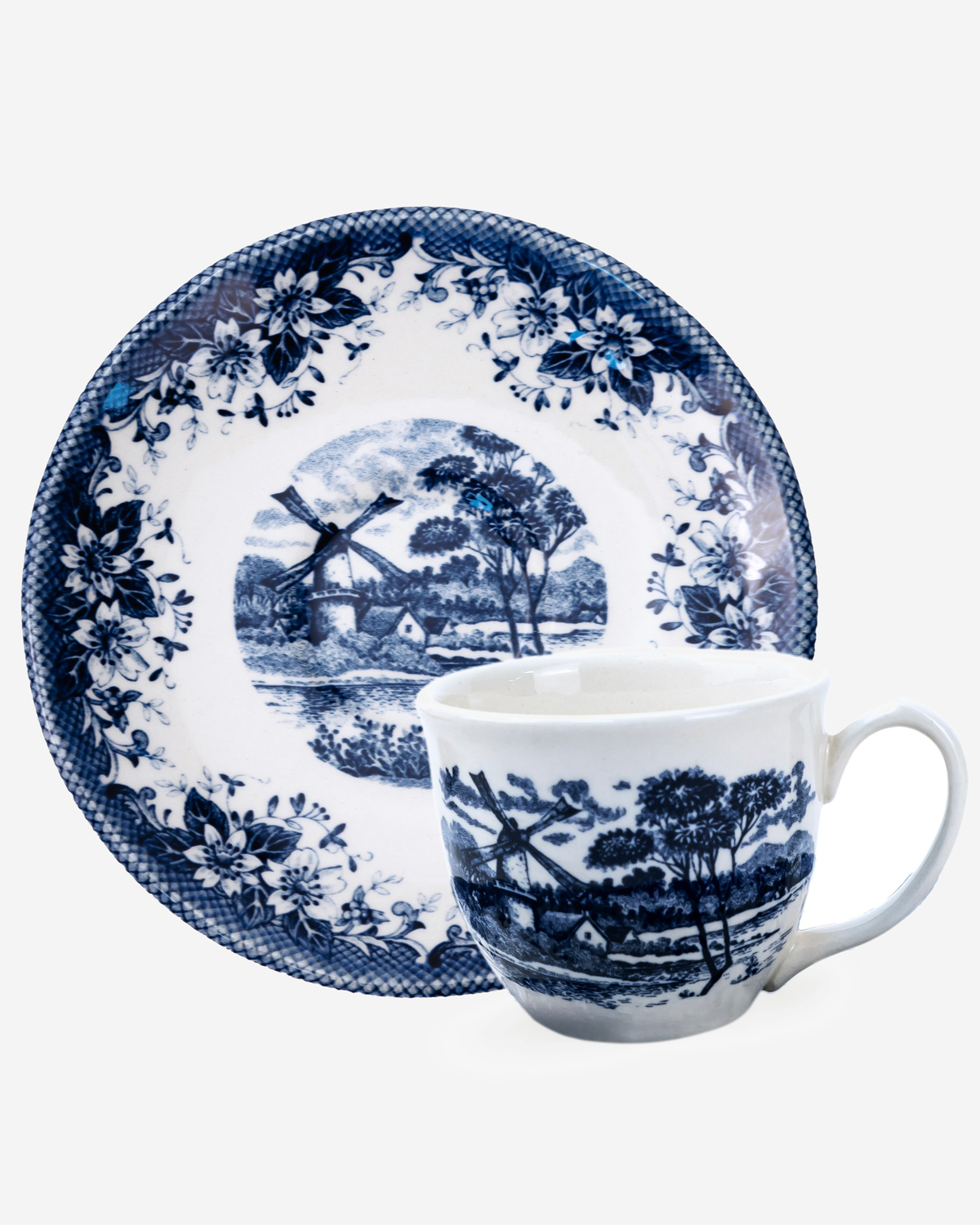 Claytan Classic Windmill Pattern Blue Earthenware Espresso Cup & Saucer Set, 90ml, White