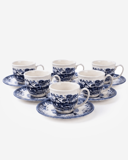 Claytan Classic Windmill Pattern Blue Earthenware Espresso Cup & Saucer Set, 90ml, White, Set of 6