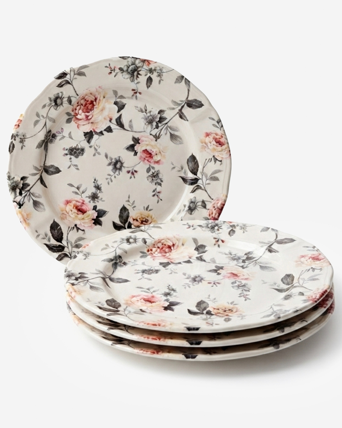 Claytan Jasper Floral Pattern Earthenware Chop Plate, 12.1 Inch, White, Set of 4