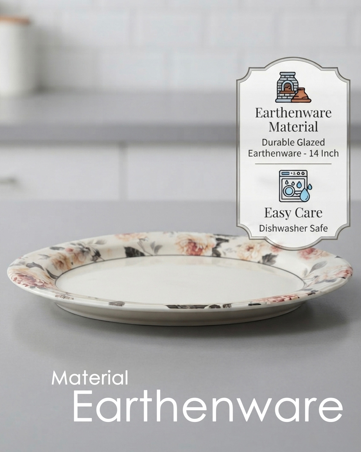Claytan Jasper Floral Pattern Earthenware Oval Platter, 14 Inch, White