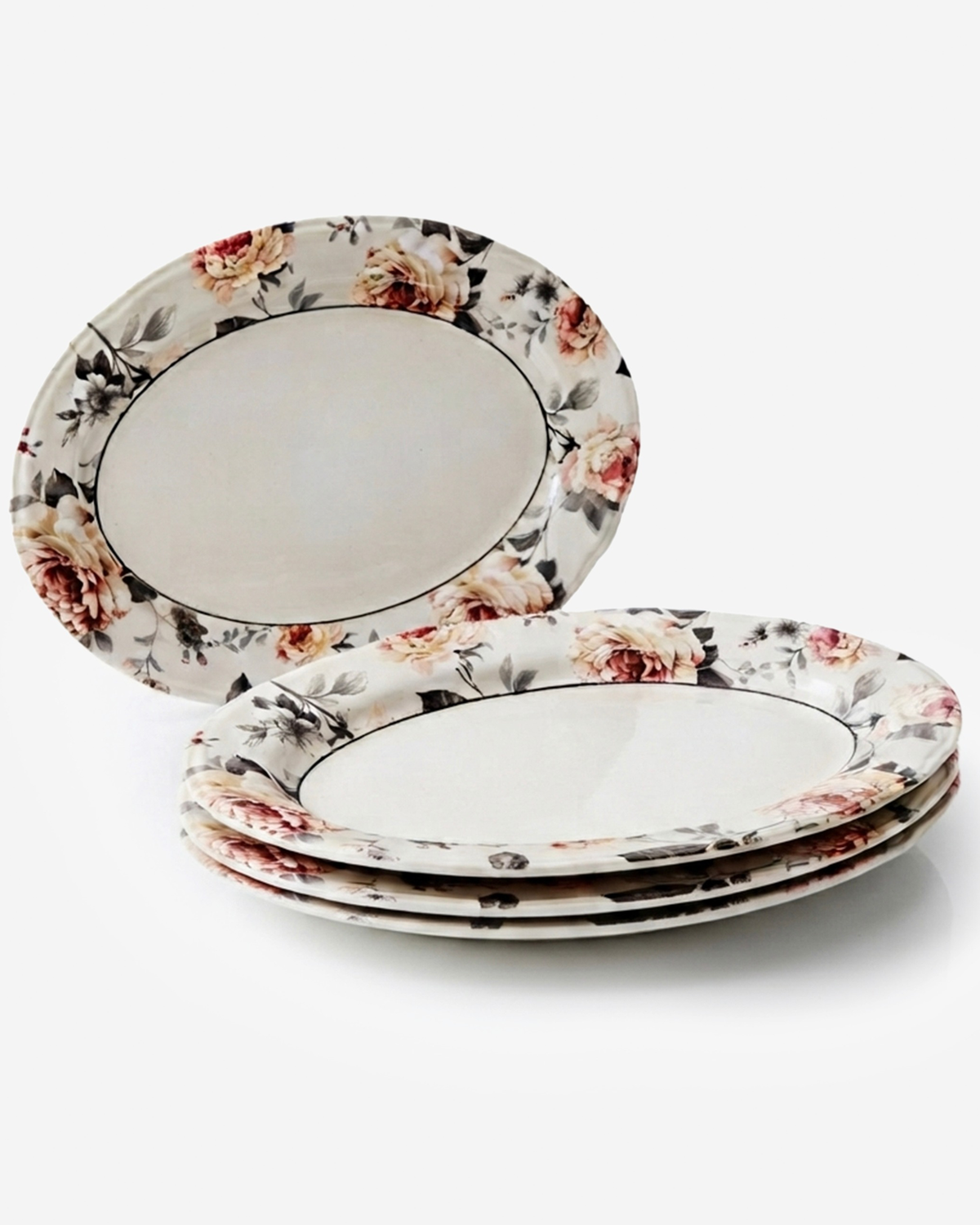 Claytan Jasper Floral Pattern Earthenware Oval Platter, 14 Inch, White, Set of 4