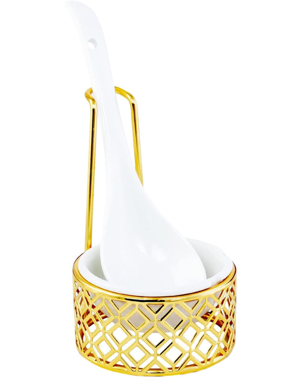 Bone China Shallow Soup Spoon Rest in Gold Metal Rack with Serving Spo