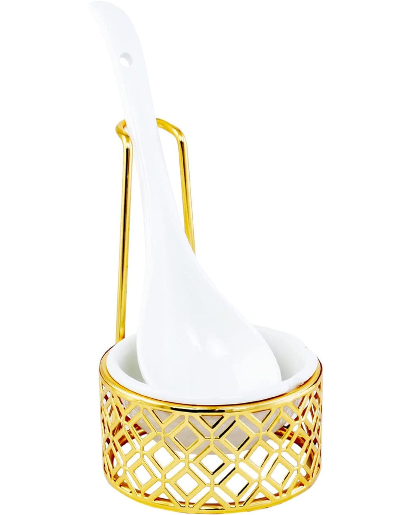 Bone China Shallow Soup Spoon Rest in Gold Metal Rack with Serving Spoon, White/Gold