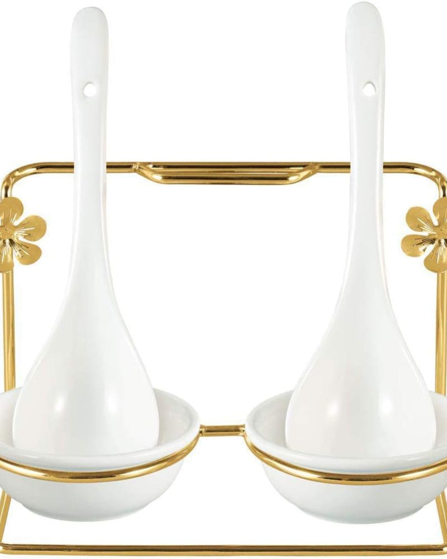 Shallow Soup Rest in Gold Metal Rack, White | 2 Compartment Soup Rest with 2 Serving Spoons - Elegant Dining Accessory