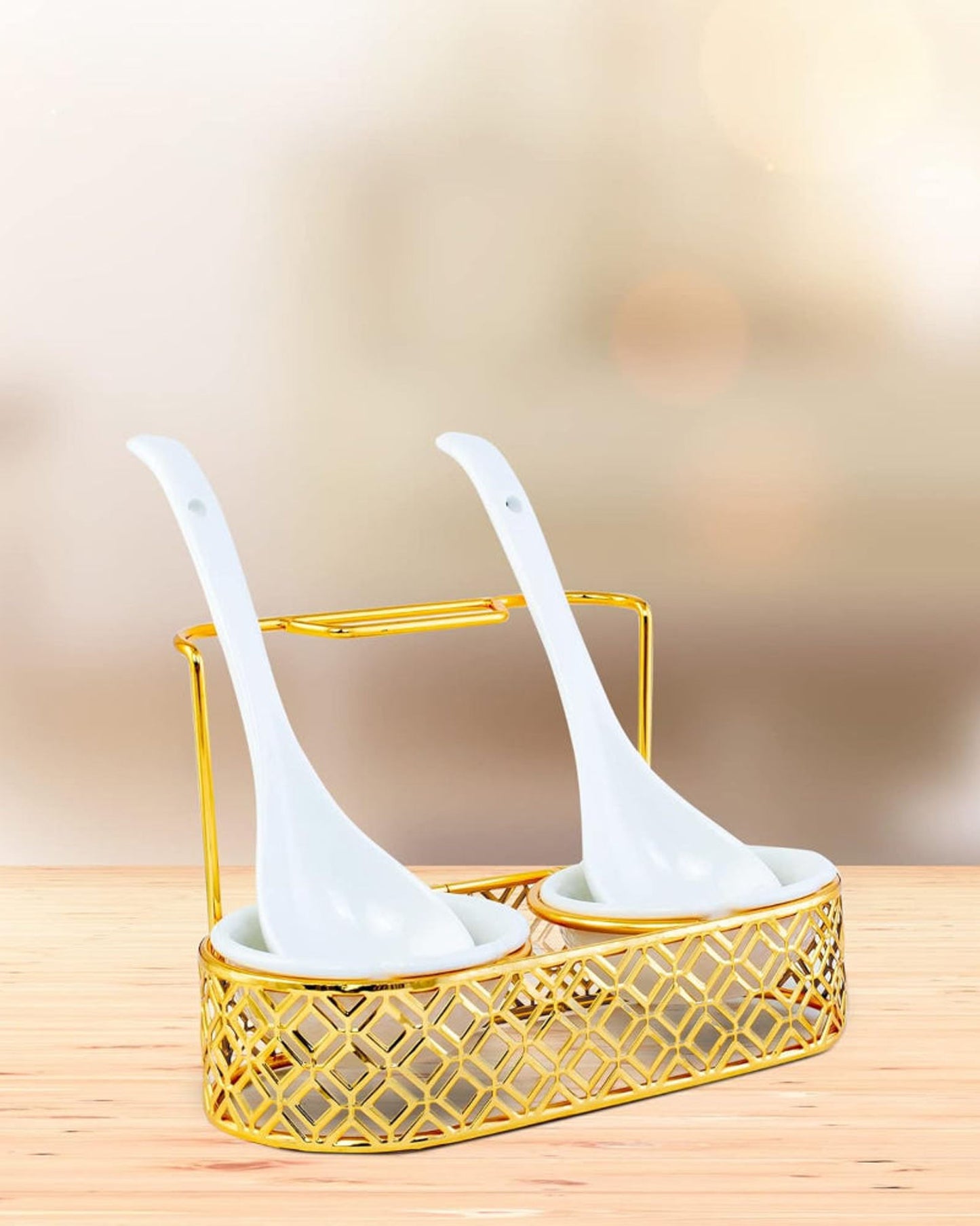 Shallow Double Ladle Spoon Rest and serving Spoons with Golden Metal Holder