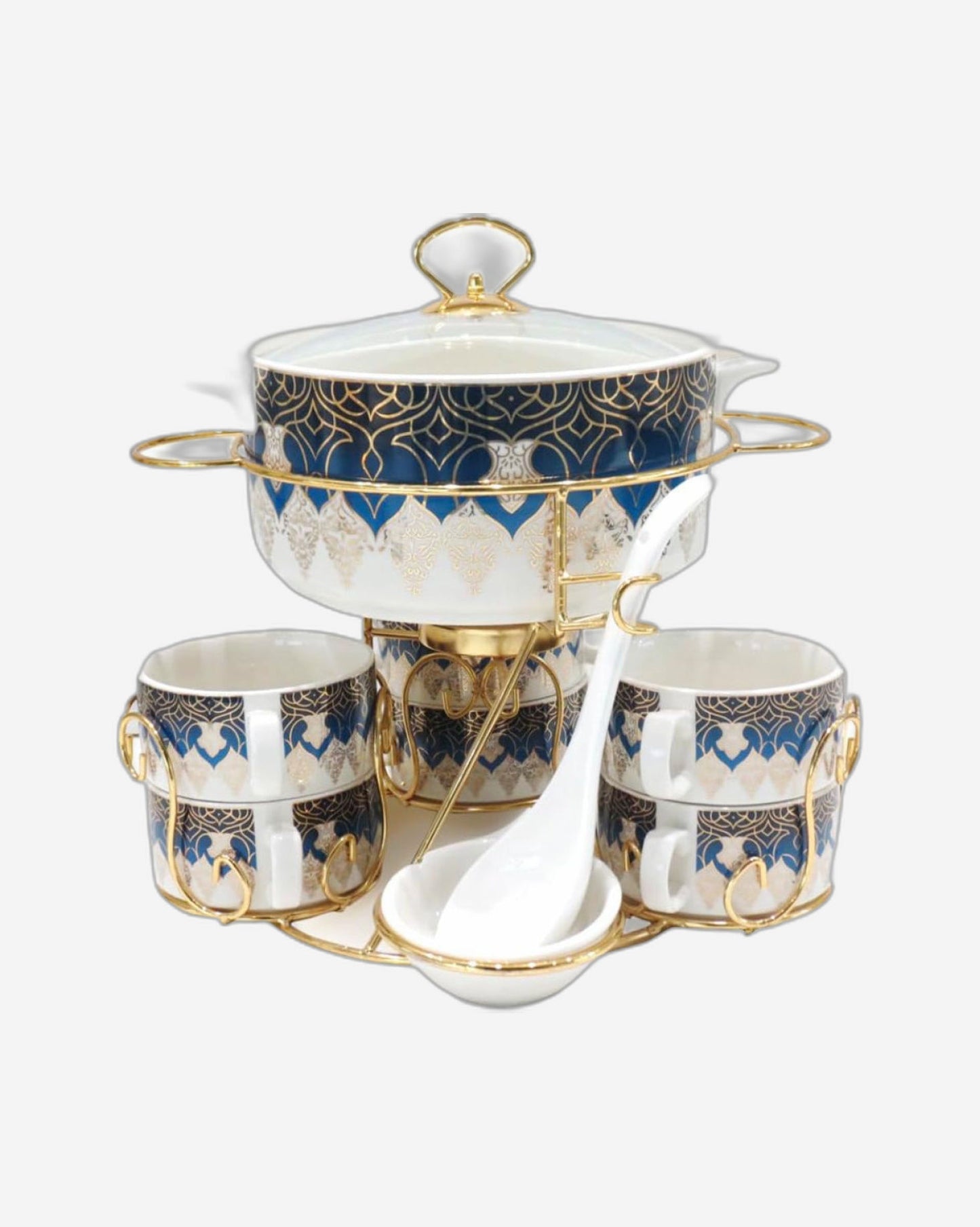Shallow Porcelain 17-Piece Soup Set - White and Gold Elegance | Elegant Soup Set with Golden Metal Stand, White & Gold