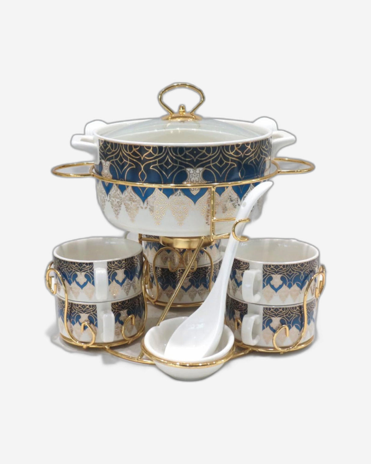 Shallow Porcelain 17-Piece Soup Set - White and Gold Elegance | Elegant Soup Set with Golden Metal Stand, White & Gold
