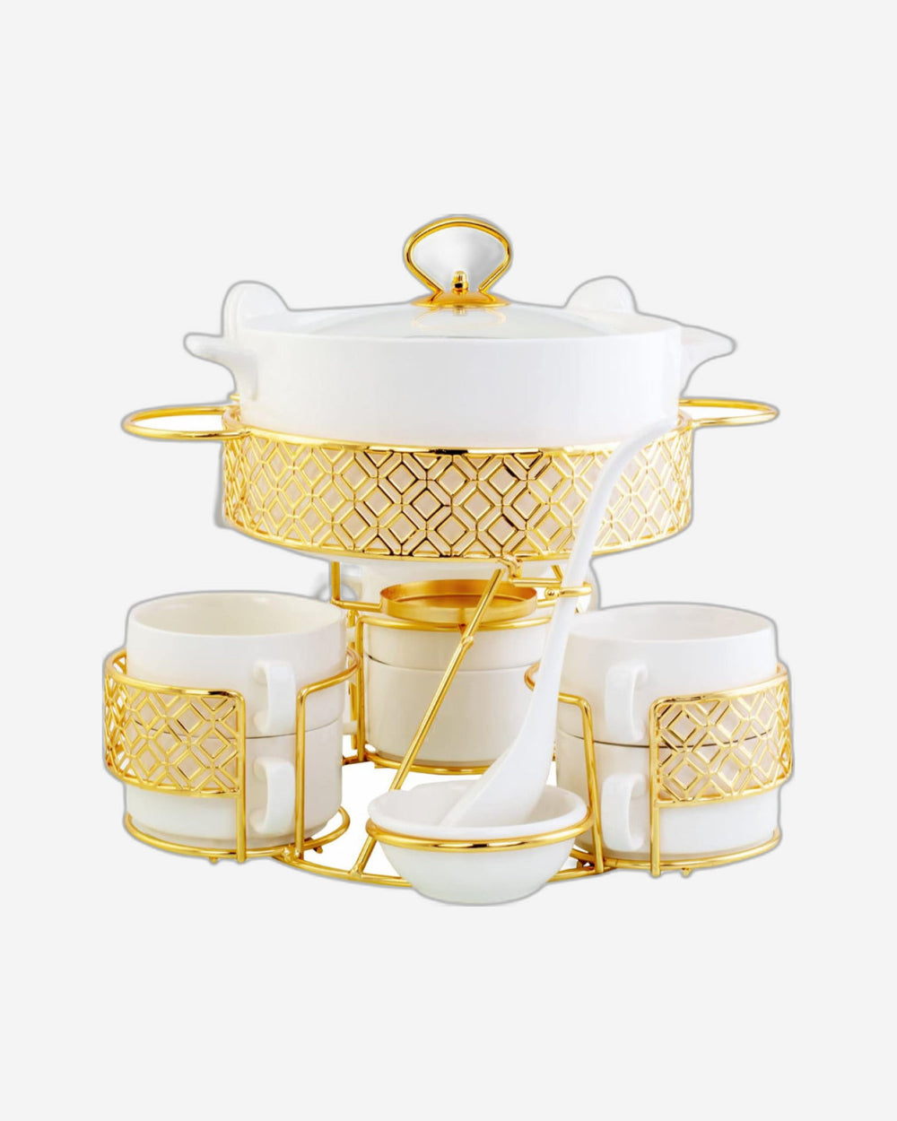 Shallow CX1526S White Soup Set with Golden Metal Stand - 17 Pieces | Elegant Soup Set with Gold Metal Stand, White & Gold Color