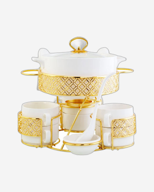 Shallow CX1526S White Soup Set with Golden Metal Stand - 17 Pieces | Elegant Soup Set with Gold Metal Stand, White & Gold Color