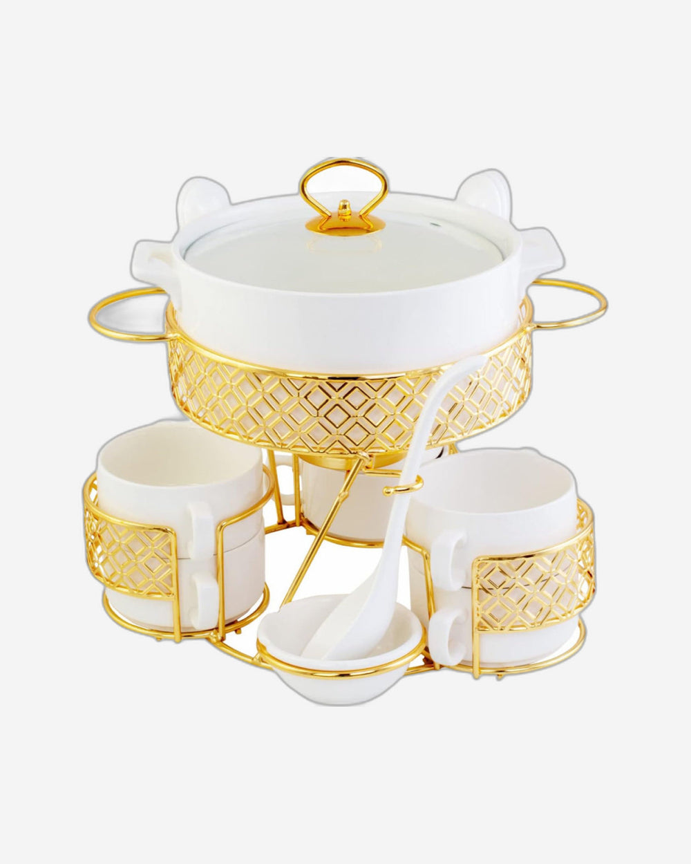 Shallow CX1526S White Soup Set with Golden Metal Stand - 17 Pieces | Elegant Soup Set with Gold Metal Stand, White & Gold Color