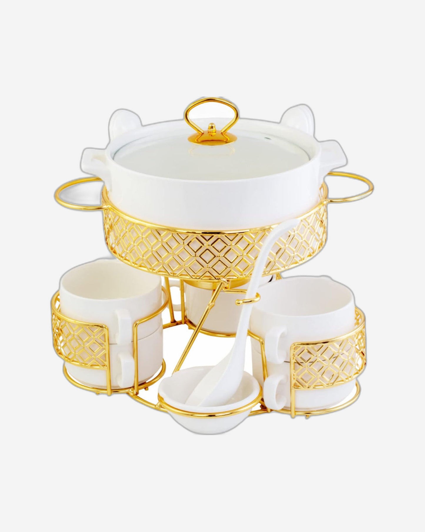 Shallow CX1526S White Soup Set with Golden Metal Stand - 17 Pieces | Elegant Soup Set with Gold Metal Stand, White & Gold Color