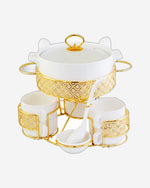 Shallow CX1526S White Soup Set with Golden Metal Stand - 17 Pieces | Elegant Soup Set with Gold Metal Stand, White & Gold Color