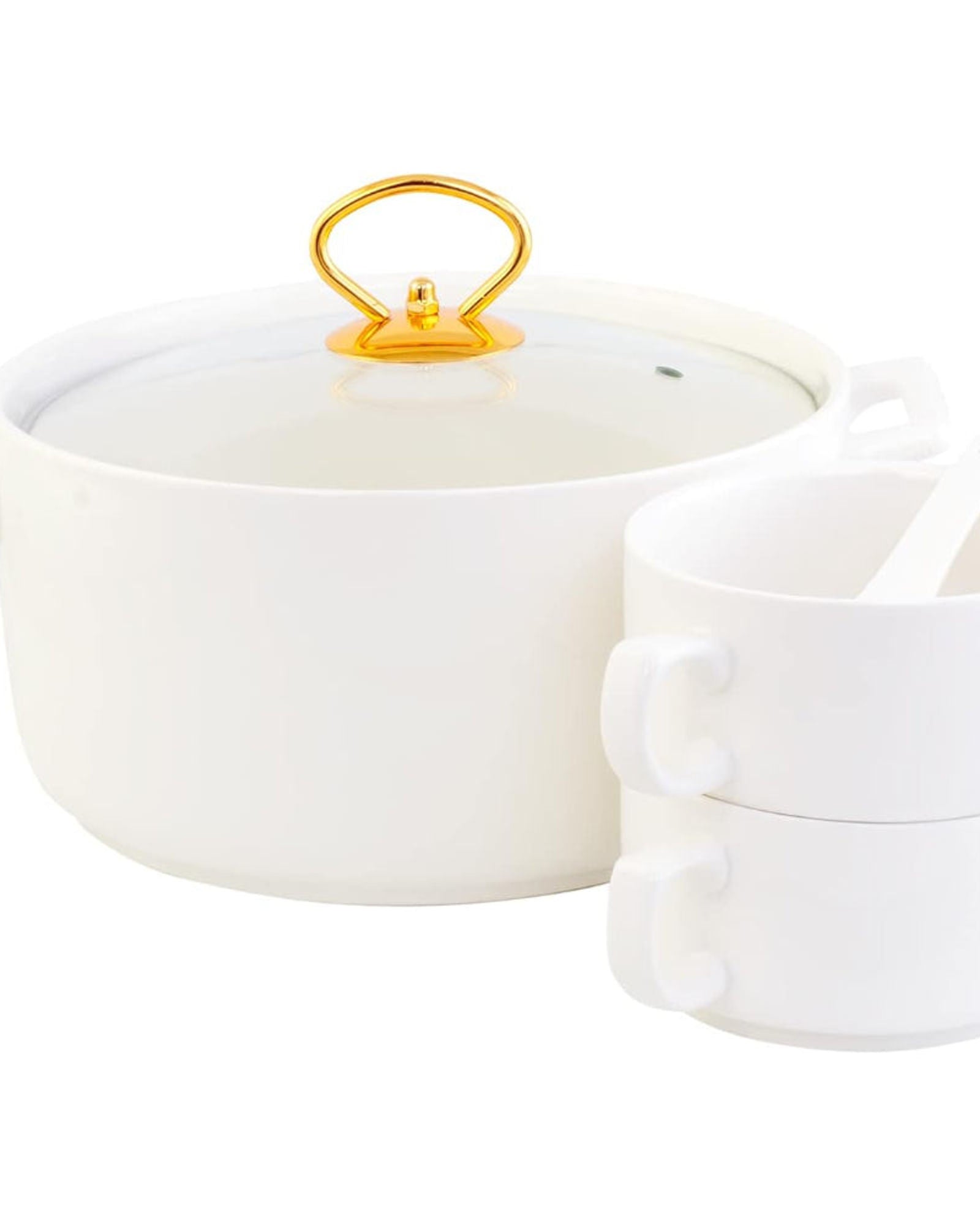 Shallow CX1526S White Soup Set with Golden Metal Stand - 17 Pieces | Elegant Soup Set with Gold Metal Stand, White & Gold Color