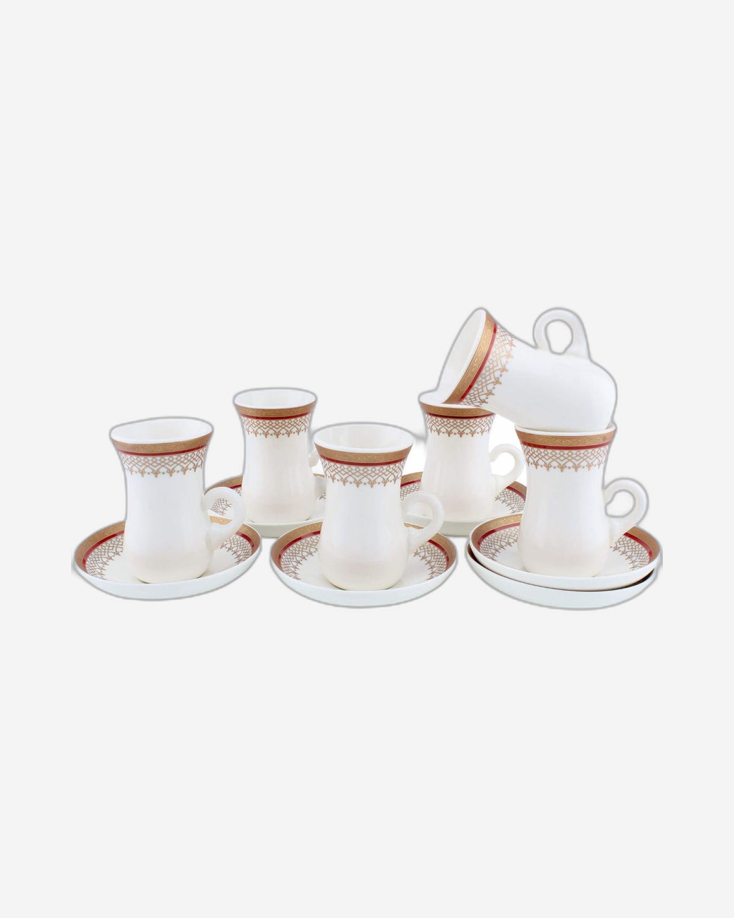 Shallow Bone China Istikan Cups and Saucers Set, White/Gold, 90ml - 12 Pieces