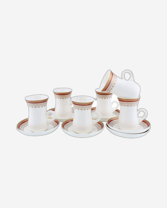 Shallow Bone China Istikan Cups and Saucers Set, White/Gold, 90ml - 12 Pieces