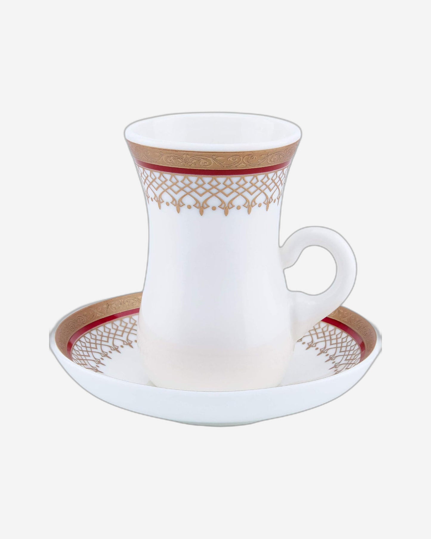 Shallow Bone China Istikan Cups and Saucers Set, White/Gold, 90ml - 12 Pieces