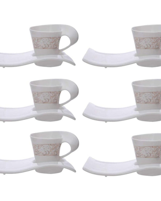 Shallow Porcelain Long Cup and Saucer 12-Piece Set, White | Elegant Tea and Coffee Set for Daily Use