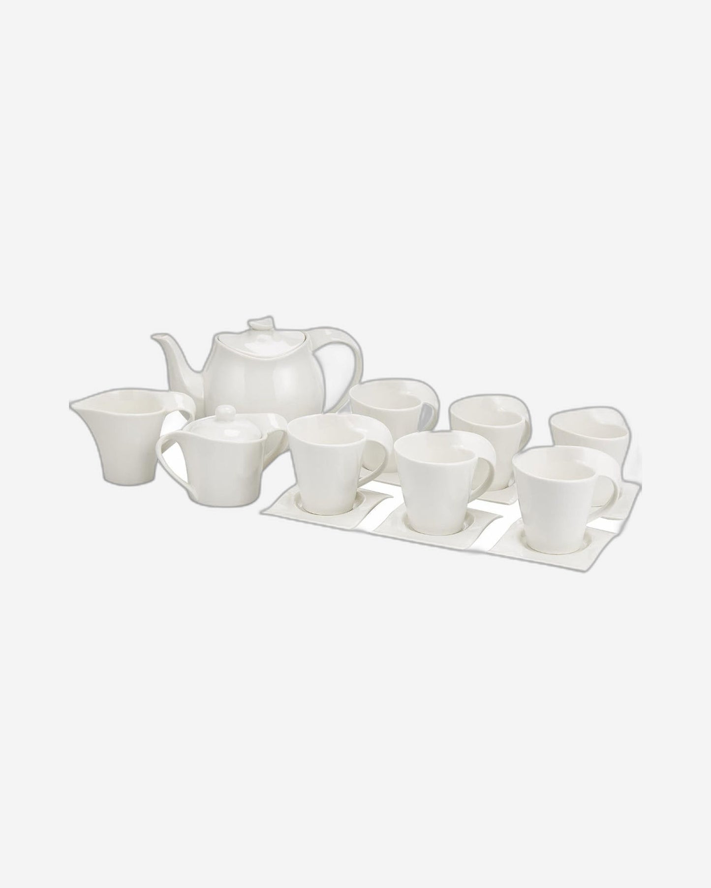 Shallow Bone China Tea Set, White - 15-Piece Set with 1050ml Teapot, 175ml Creamer, 175ml Sugar Bowl, 6x 150ml Cups, and 6 Saucers